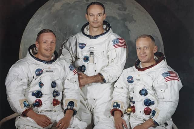 The three crew members of NASA's Apollo 11 lunar landing mission pose for a group portrait a few weeks before the launch, May 1969. From left to right, Commander Neil Armstrong, Command Module Pilot Michael Collins and Lunar Module Pilot Edwin 'Buzz' Aldrin Jr. (Photo by Space Frontiers/Getty Images)