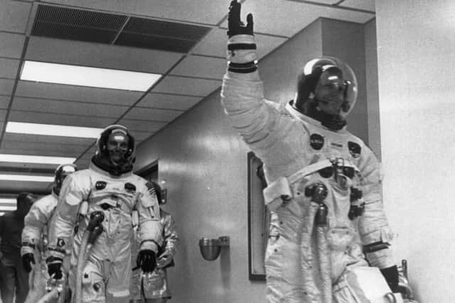 Neil Armstrong leads Edwin 'Buzz' Aldrin and Michael Collins out of the space centre on the Apollo 11 space mission to the moon. (Photo by Keystone/Getty Images)