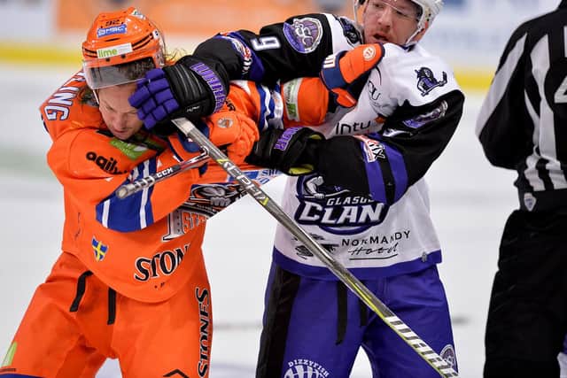 COMING SOON: Brendan Connolly, seen in action againt Sheffield Steelers for Glasgow Clan last season, will line up for the South Yorkshire club in 2019-20. Picture: Dean Woolley.