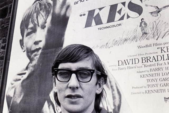 Barry Hines under a poster for Kes in April 1970. Picture by Julia Armstrong.