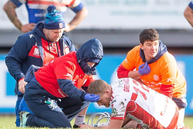 Hull KR's James Greenwood suffers an anterior cruciate ligament injury at Wakefield in March. He has not played since. (PIC: Allan McKenzie/SWpix.com)