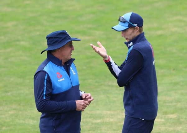 England captain Joe Root makes a point to head coach Trevor Bayliss as they prepared for todays start of the second Test against Pakistan at Headingley (Picture: Tim Goode/PA Wire).