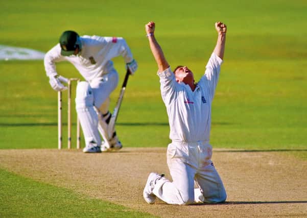 Darren Gough celebrates taking the wicket of Mark Boucher,  his fifth wicket of the South African second innings at Headingley in August 1998 in Leeds, West Yorkshire. Picture: Tom Jenkins/Getty Images.