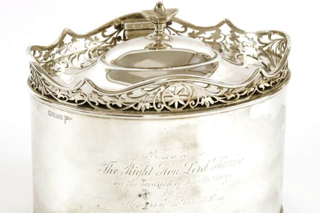 The silver biscuit barrel that once belonged to Lord Hawke