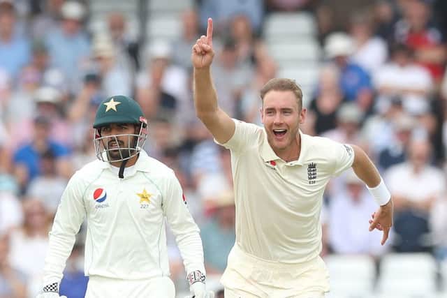 England's Stuart Broad celebrates taking the wicket of  Pakistan's Usman Salahuddin at Headingley. Picture: Martin Rickett/PA