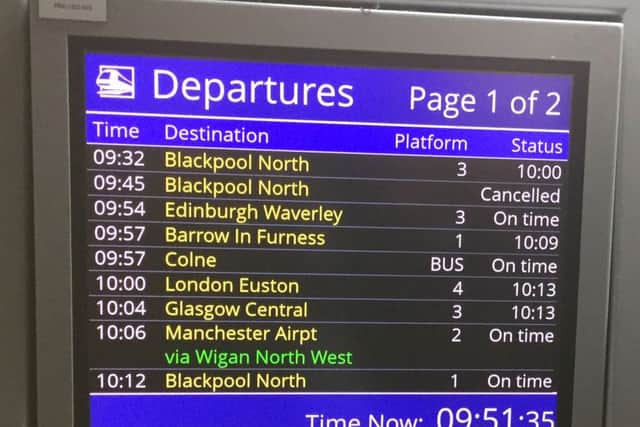 Departure board at Preston train station showing cancelled Blackpool North train. Northern launched an eight-week interim timetable on Monday, removing 165 of its regular trains. PRESS ASSOCIATION Photo. Picture date: Monday June 4, 2018. See PA story RAIL Timetable. Photo credit should read: Kim Pilling/PA Wire