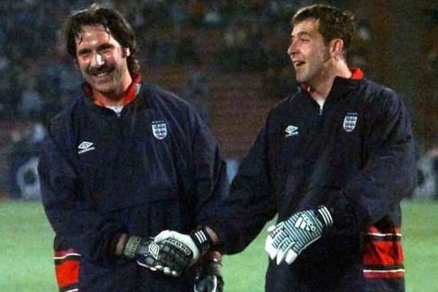 MEMORIES: Nigel Martyn, pictured with former England team-mate David Seaman ahead of a friendly against Hungary in Budapest during the 1990s. Picture: Sean Dempsey/PA.
