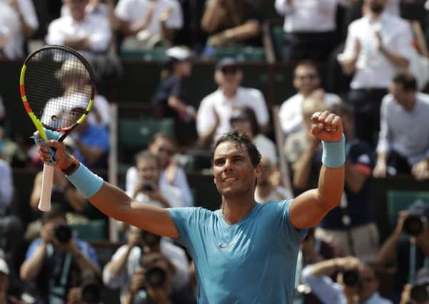 Spain's Rafael Nadal raises his arms in victory after defeating Germany's Maximilian Marterer in the fourth round of the French Open. Picture: AP/Alessandra Tarantino.