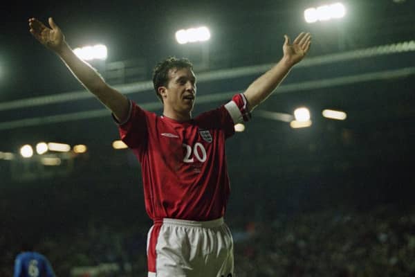 Goal:  Leeds United striker Robbie Fowler celebrates after scoring the opening goal for england against Italy at Elland Road. Picture: Michael Steele/Getty Images