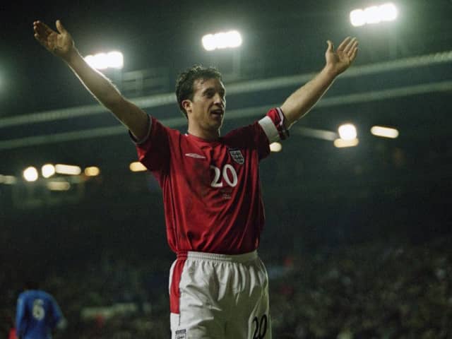 Goal:  Leeds United striker Robbie Fowler celebrates after scoring the opening goal for england against Italy at Elland Road. Picture: Michael Steele/Getty Images