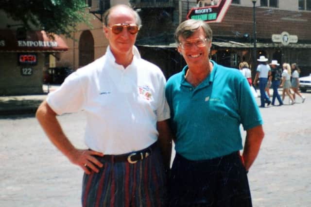 Commentator John Helm with Jack Charlton in USA 94 World Cup.