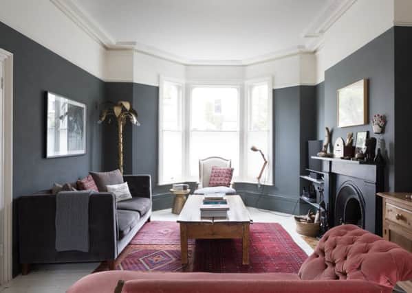 Kate's cosy siting room in Farrow and Ball's Down Pipe.