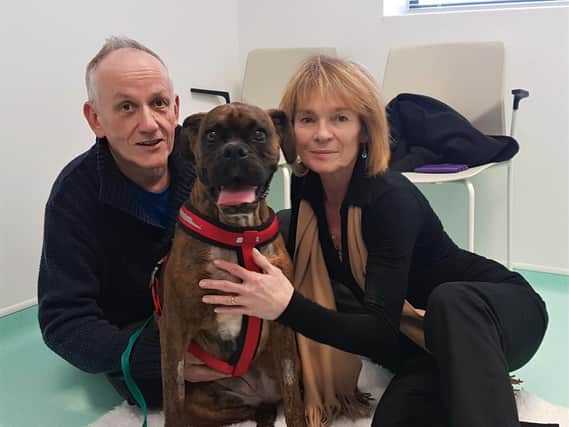 Ruby the boxer with Mike and Sue