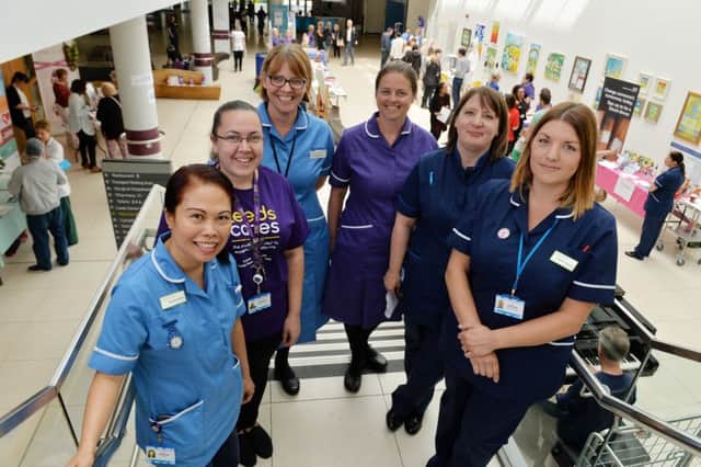 St James Hospital celebrating the NHS turning 70 and the 10 year anniversary of Bexley Wing opening.
Pictured some of the staff at the Bexley Wing drop in session, Michelle Maghari, Jemma Richmond, Rachel Parkinson, Deborah Rowett, kate Smith and Stephanie Ferguson.
9 June 2018.  Picture Bruce Rollinson