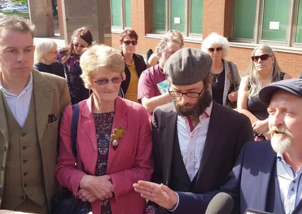 (Left to right) Simon Crump, Fran Grace, Benoit Compin and Paul Brooke speak to the press after three of the four protesters avoided jail sentences at Sheffield Combined Court Centre, after they were found in contempt of court for breaching an injunction stopping them going inside work safety zones during controversial protests in Sheffield. PRESS ASSOCIATION Photo. Picture date: Thursday June 7, 2018. Brooke was told by Mr Justice Males that his judgment would be reserved as there were further legal issued to consider.