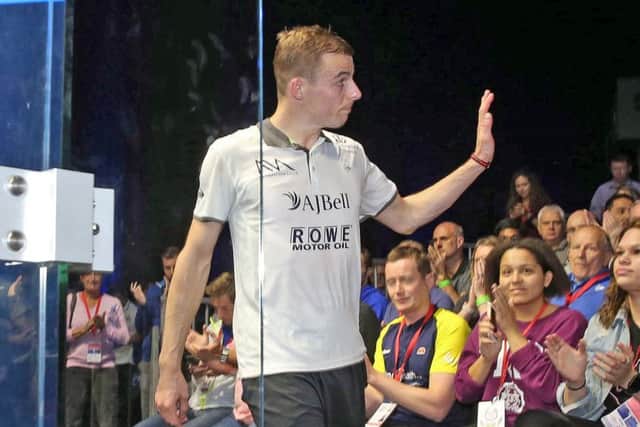 Nick Matthew waves goodbye to spectators at the Airco Arena in Hull after bowing out of the British Open (Picture: PSA).