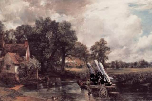 Peter Kennard's 'Haywain with cruise missiles', one of more than 100 of his artworks that have gone on display at the Millennium Gallery.