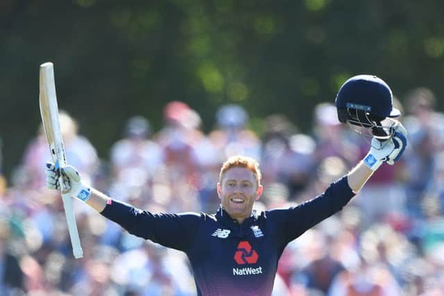 IN-FORM: England's Jonny Bairstow celebrates a ODI century in New Zealand during the winter. Picture: Andrew Cornaga/www.Photosport.nz