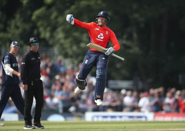 England's Jonny Bairstow celebrates his ODI century against Scotland in Edinburgh. it was to prove in vain as Scotland won by six runs. Picture: Jane Barlow/PA