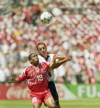 STARTING POINT: Tunisia's Mehdi Ben Slimane holds off Gareth Southgate during the World Cup Group G gclash in Marseille in 1998. Picture: Ben Radford /Allsport/Getty Images.