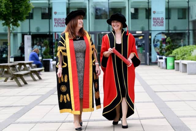 Leeds Trinity University celebrates the installation of new Chancellor Deborah McAndrew. Pictured with Vice-Chancellor Prof Margaret House.15th June 2018.