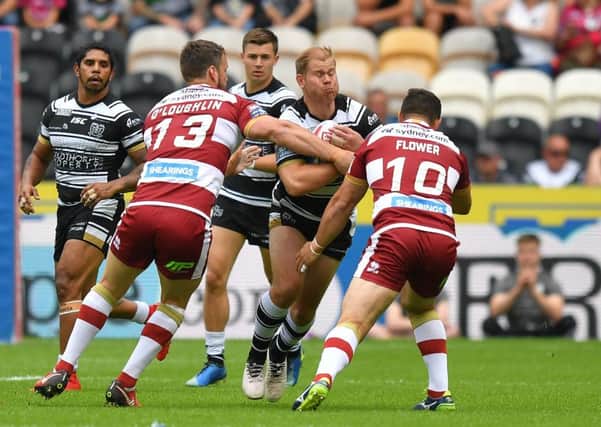 Hull FC's Danny Washbrook finds his path blocked at the KCOM Stadium. Picture: Dave Howarth/PA