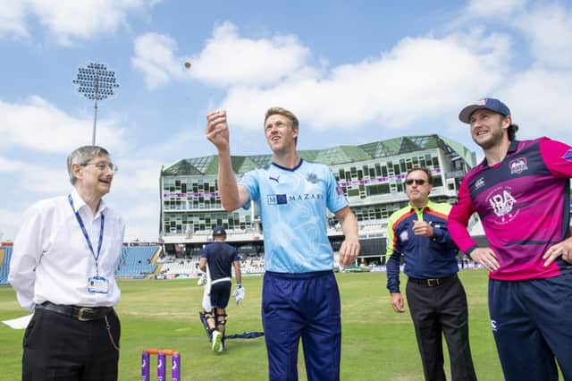STEPPING UP: Yorkshire captain Steve Patterson tosses the coin with Northants skipper Alex Wakely. Picture: Allan McKenzie/SWpix.com