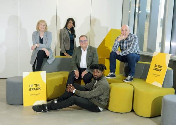 30 May 2018......  Members of the Leeds City Region team bidding for the new HQ for Channel 4. Sally Joynson (Screen Yorkshire) Suman Hanif (film maker), Roger marsh (chair Leeds City Region), Dave-O (musical artist), Andrew Sheldon (True North). Picture Tony Johnson.