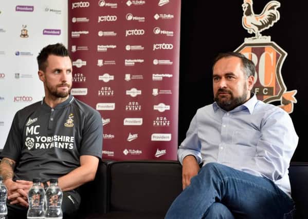Bradford City's new head coach Michael Collins & co-owner Edin Rahic. Pictures: Andy Garbutt.