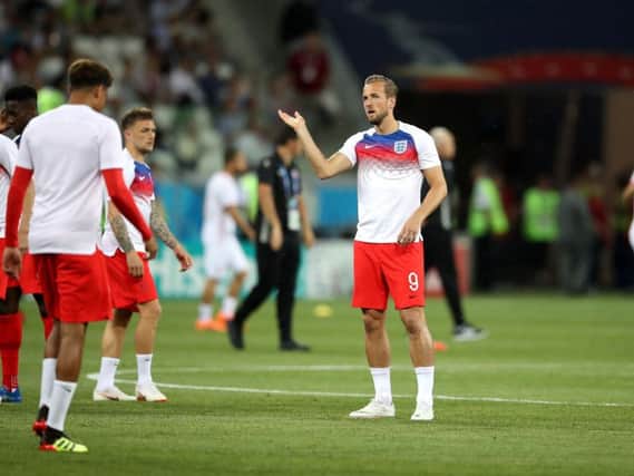 Harry Kane bats away midges and flies during the World Cup game against Tunisia. Photo: PA