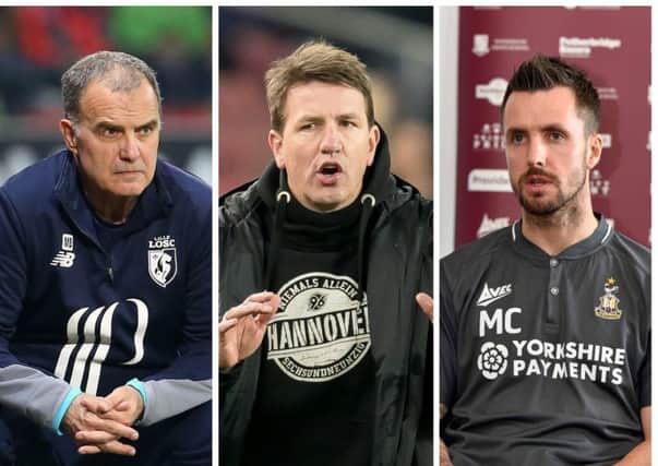 NEW FACES: Marcelo Bielsa, Daniel Stendel and Michael Collins will attempt to turn around their respective club's fortunes during 2018-19.