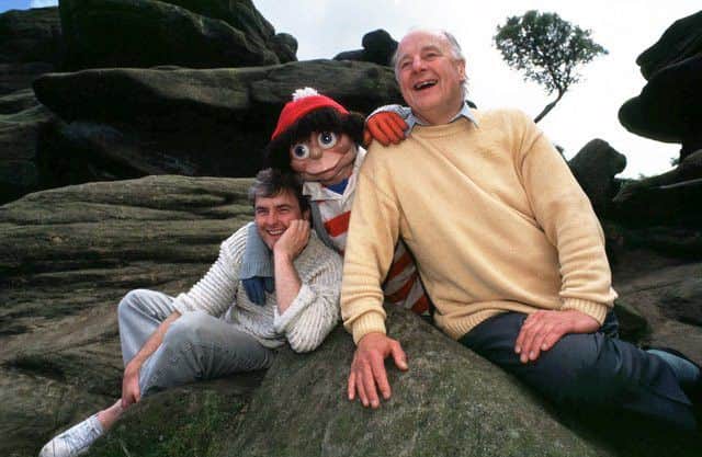 Gordon Firth and son Tim, with one of their characters
