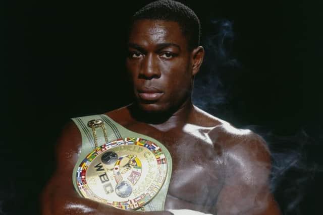 Bruno poses with his WBC belt in 1995. Picture: Getty