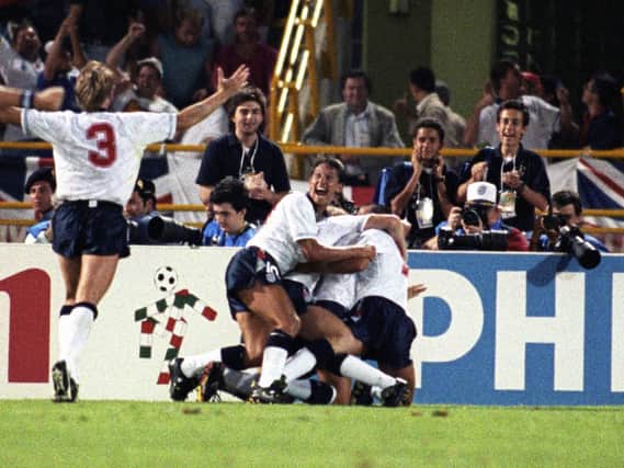 England celebrate David Platt's goal near the end of extra time against Belgium at Italia 90 (Gary Lineker is facing the camera). Picture: Ross Kinnaird/EMPICS Sport