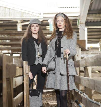 Shepherdess: Left: The Shepherdess jacket, Â£600; Dales Woman short waistcoat, Â£375; Town and Country tote bag, Â£795; Lunesdale leather belt, Â£195; Curlew cap, Â£145, whistle, Â£85.
Right: The Howgill Hacking jacket, Â£ 700, Dales Woman short waistcoat, Â£375; The Yorkshire Lass fit and flare skirt, Â£395; Hill farmer headband, Â£65; Moorland bag, Â£345; Shepherdess crook, Â£300.