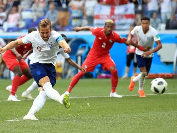 Harry Kane scores England's second goal against Panama from a penalty during the FIFA World Cup