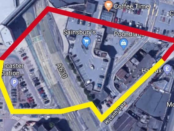 The route marked in red through the Frenchgate which is now closed overnight and the route marked in yellow, which campaigner Mr O'Brien says is 4-5 minutes longer and caused him to miss his bus.