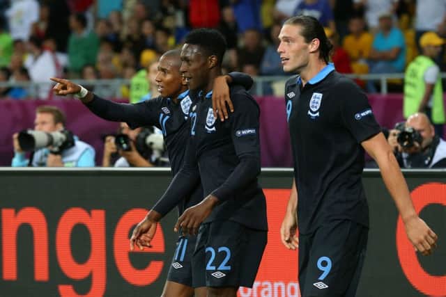 Winner:  England's Danny Welbeck celebrates scoring the third goal with Andy Carroll and Ashley Young during the UEFA EURO 2012 Group D match against Sweden. Picture: Alex Livesey/Getty Images