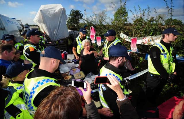 Anti Fracking demonstators at Kirby Misperton. Police threaten to arrest tea lady Jackie Brookes from her table, if she didn't move, to enable the police to remove a tower built on the site. Picture by Simon Hulme