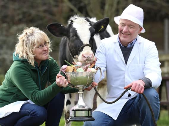 Mark  and Karen Goodall, owners of Goodalls of Tong, near Bradford, West Yorkshire, celebrate winning the best artisan dairy ice cream award at the National Ice Cream Competition held at Harrogate, North Yorkshire. The family has farmed at Tong for 100 years in Ma taken by Lorne Campbell.