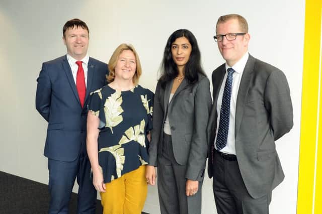Greg Wright of The Yorkshire Post is pictured with (from left) Sarah Longlands of IPPR North, Anjalika Bardalai of TheCityUK and Chris Hearld of KPMG    Picture Tony Johnson.