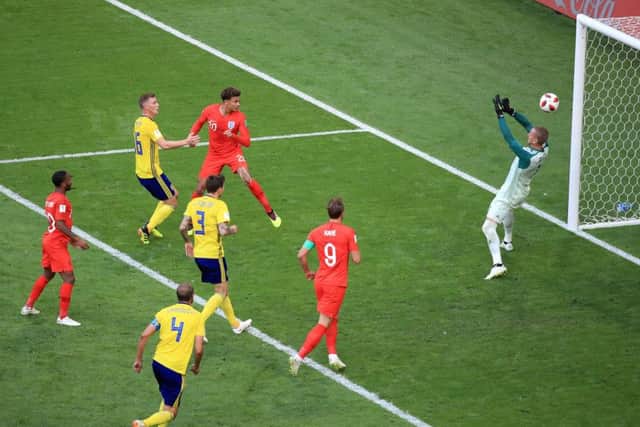 England's Dele Alli scores his side's second goal of the game against Sweden in Samara. Picture: Adam Davy/PA