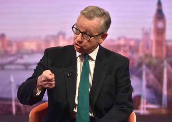 Environment Secretary Michael Gove, with host Andrew Marr, appearing on the BBC1 current affairs programme, The Andrew Marr Show. PIC: PA