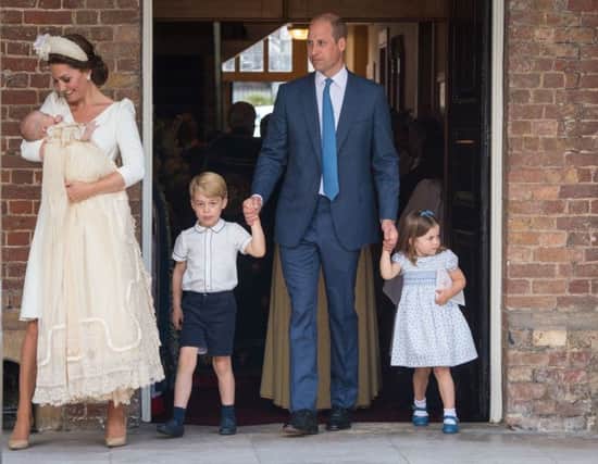 The Duke and Duchess of Cambridge with their children Prince George, Princess Charlotte and Prince Louis after Prince Louis's christening at the Chapel Royal, St James's Palace