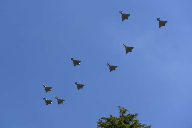 Typhoon jets from the Royal Air Force flying over RAF Cranwell in Lincolnshire as a rehearsal for their centenary flypast over Buckingham Palace