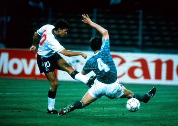 Gary Lineker (left) scoring the equaliser for England in the 1990 World Cup semi-finals.  (Photo by Bernd Wende/ullstein bild via Getty Images)