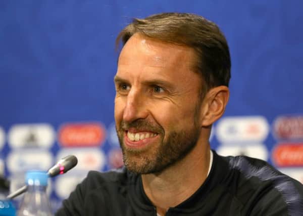England manager Gareth Southgate looks relaxed during Tuesday's media conference at the Luzhniki Stadium, Moscow ahead of the World Cup semi-final with Croatia (Picture: Aaron Chown/PA Wire).