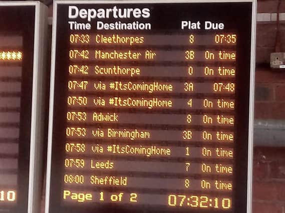 The departure board at Doncaster railway station this morning.