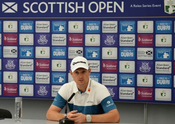 Justin Rose of England speaks to the media during previews for the Aberdeen Standard Investments Scottish Open (Photo by Mark Runnacles/Getty Images)