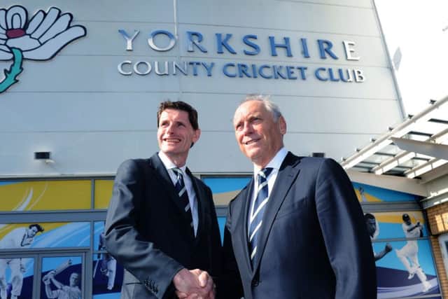 OVER TO YOU: Steve Denison (left), pictured with his predecessor as Yorkshire chairman, Colin Graves.
 Picture : Jonathan Gawthorpe.